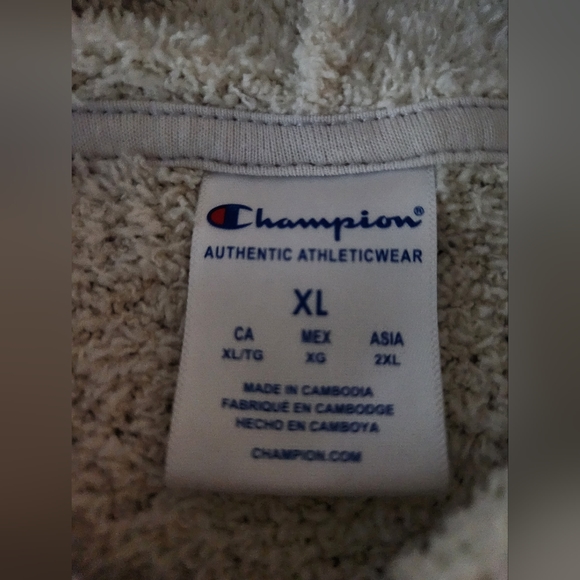 Champion Cream Teddy Fleece Semi Cropped Hoodie Sweater Long Sleeve Stripe Sz XL - Picture 10 of 12